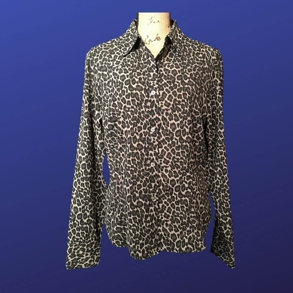 𝅺new YORK & COMPANY CITY 100% Polyester Blouse, GRAY/BLACK LEOPARD, Size Large